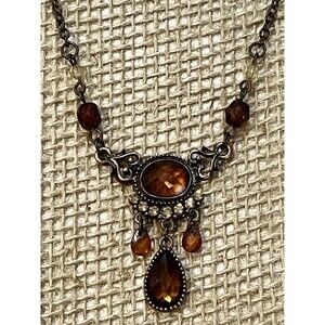 Vintage 1928 Necklace Amber & Red Glass Whimsigoth Dark Fairy Drop Y 15in~17in